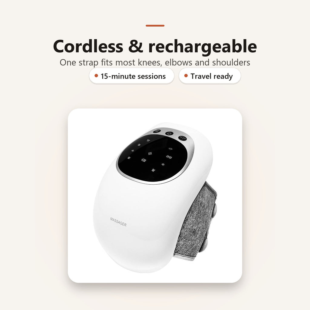 Cordless and rechargeable, one strap fits most knees, elbows and shoulders