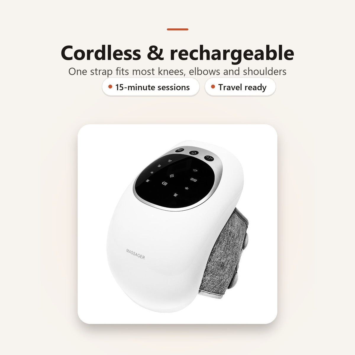 Cordless and rechargeable, one strap fits most knees, elbows and shoulders