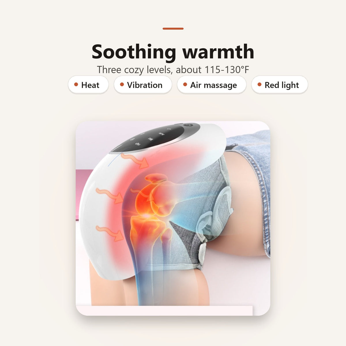 Soothing warmth: three heat levels, about 115-130°F, plus vibration, air massage and red light