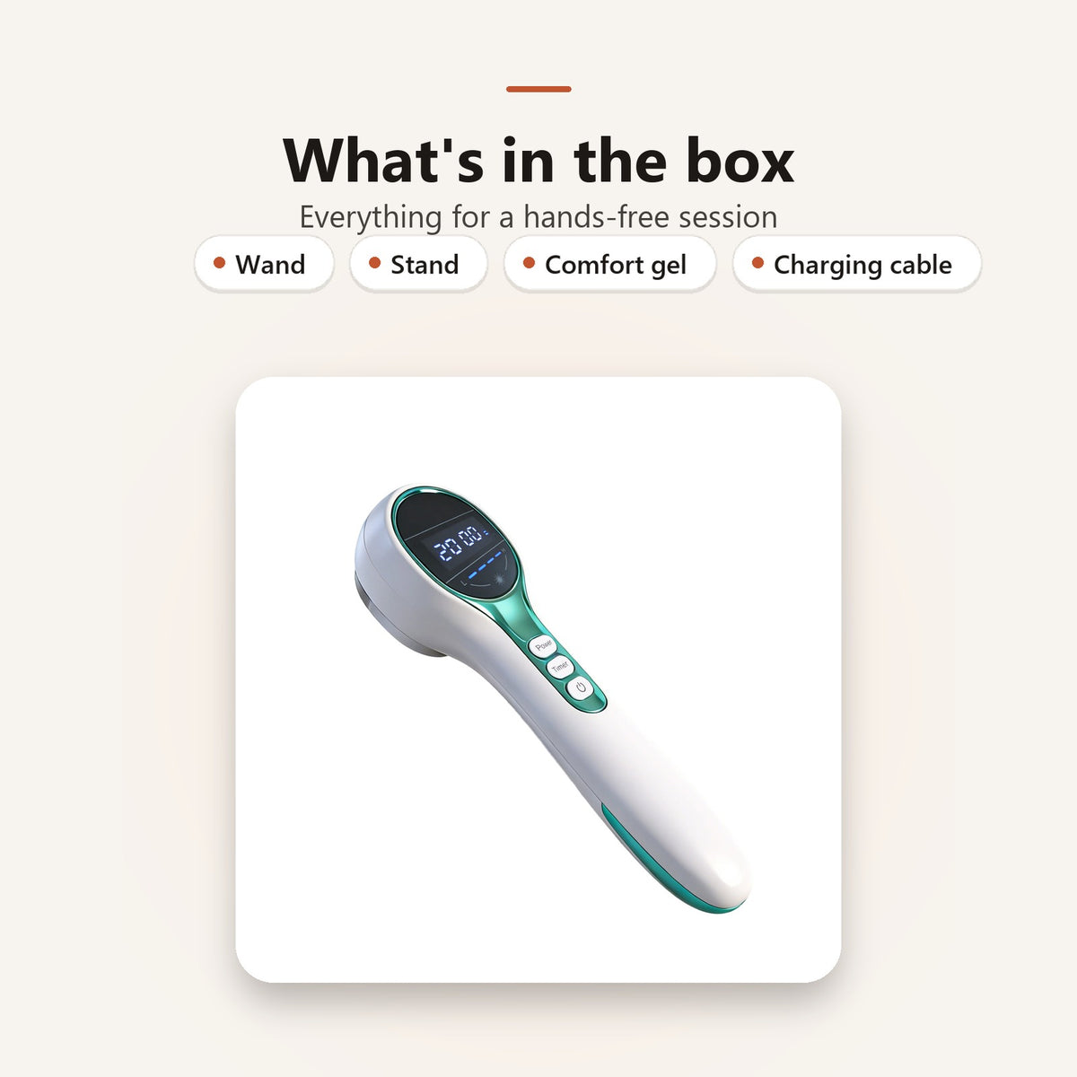 In the box: wand, stand, comfort gel and charging cable