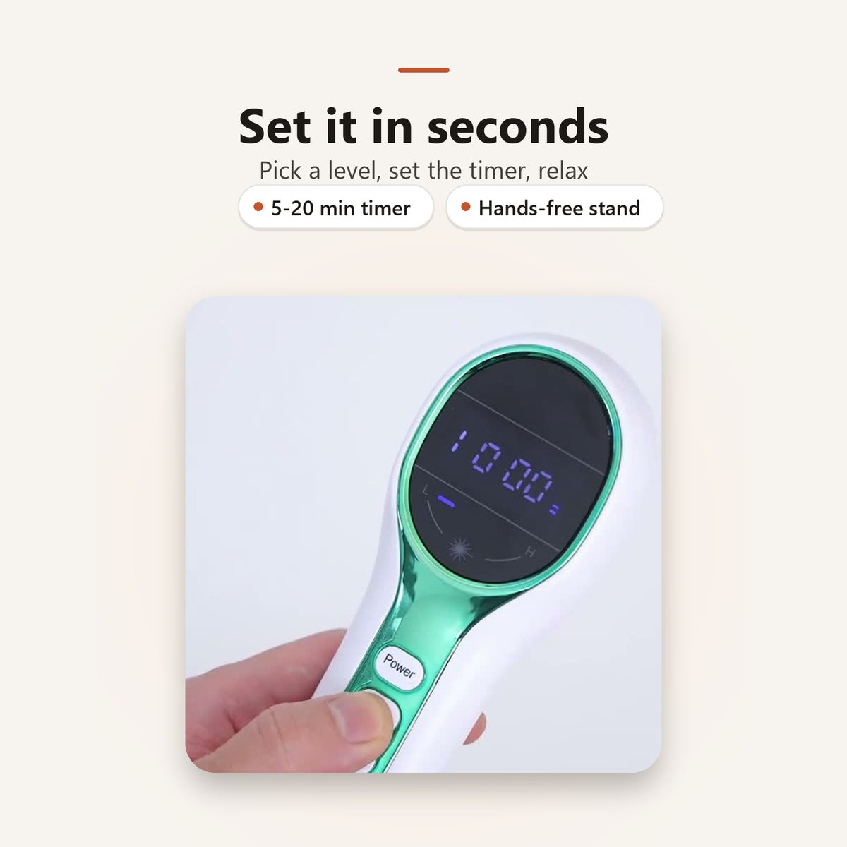Set it in seconds: 5-20 minute timer and hands-free stand
